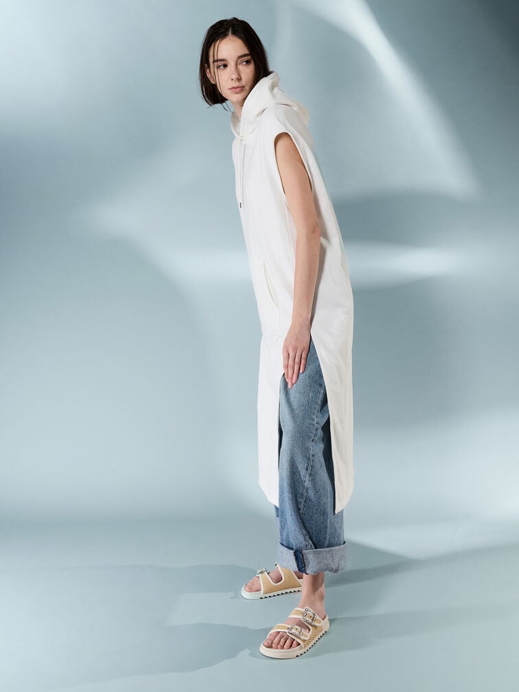 Raffia Gem-Buckle Double-Strap Sandals, Sand, hi-res