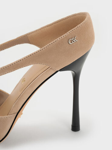 Kyra Suede Crossover-Strap Stiletto-Heel Mules, Taupe, hi-res