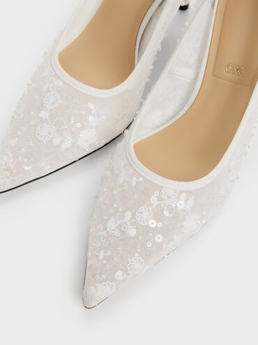 Kyra Embroidered-Mesh Stiletto Pumps, White, hi-res