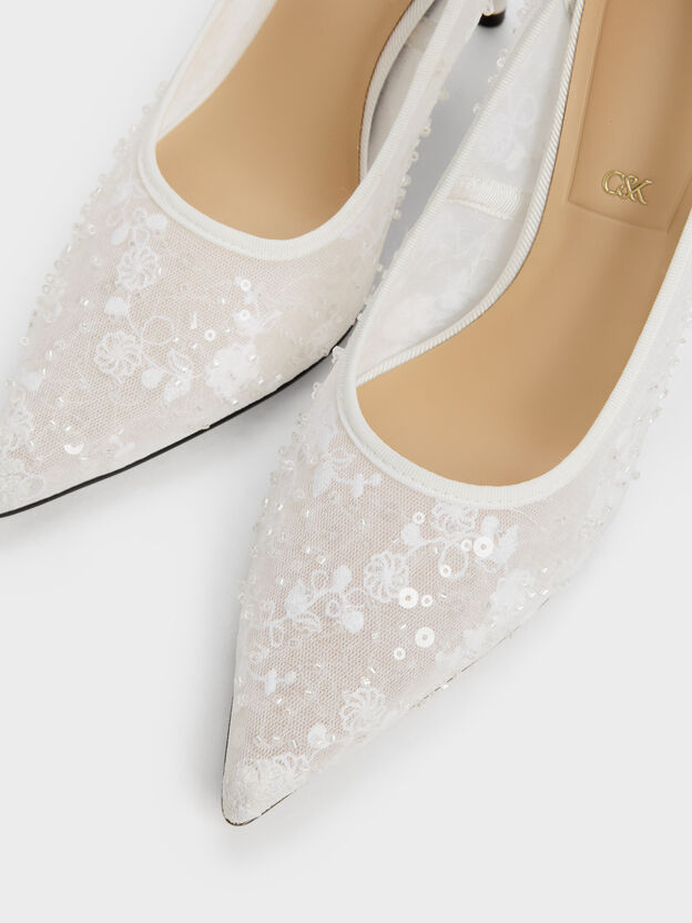 Kyra Embroidered-Mesh Stiletto Pumps, White, hi-res