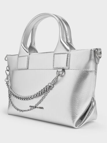Atwood Crinkle-Effect Chain-Embellished Tote Bag, Silver, hi-res