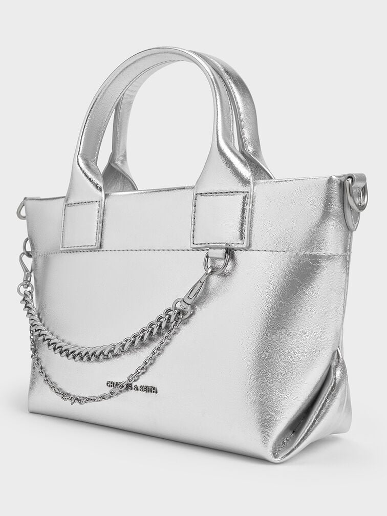 Atwood Crinkle-Effect Chain-Embellished Tote Bag, Silver Atwood Crinkle-Effect Chain-Embellished Tote Bag, Silver, hi-res