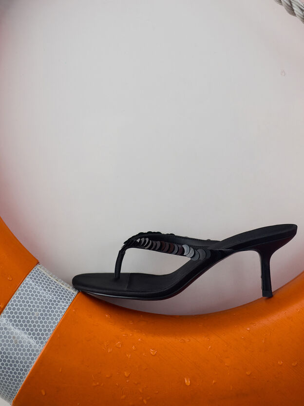 Briella Sequinned Heeled Thong Sandals, Black Textured, hi-res
