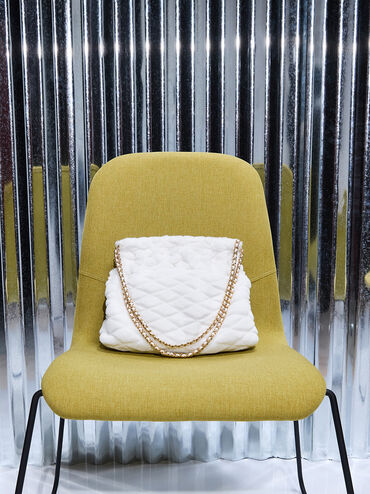 Duo Furry Chain-Handle Hobo Bag, White, hi-res