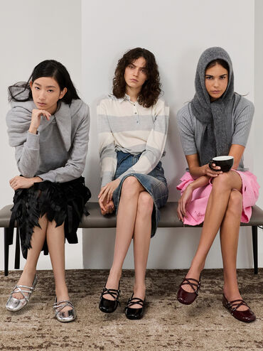 Patent Triple-Strap Crossover Mary Jane Flats, Burgundy, hi-res