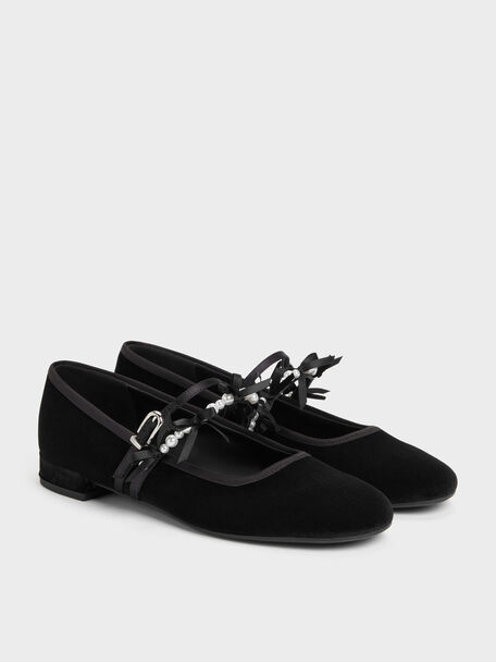 Noelie Velvet & Satin Pearl-Bow Mary Janes, Black Textured, hi-res