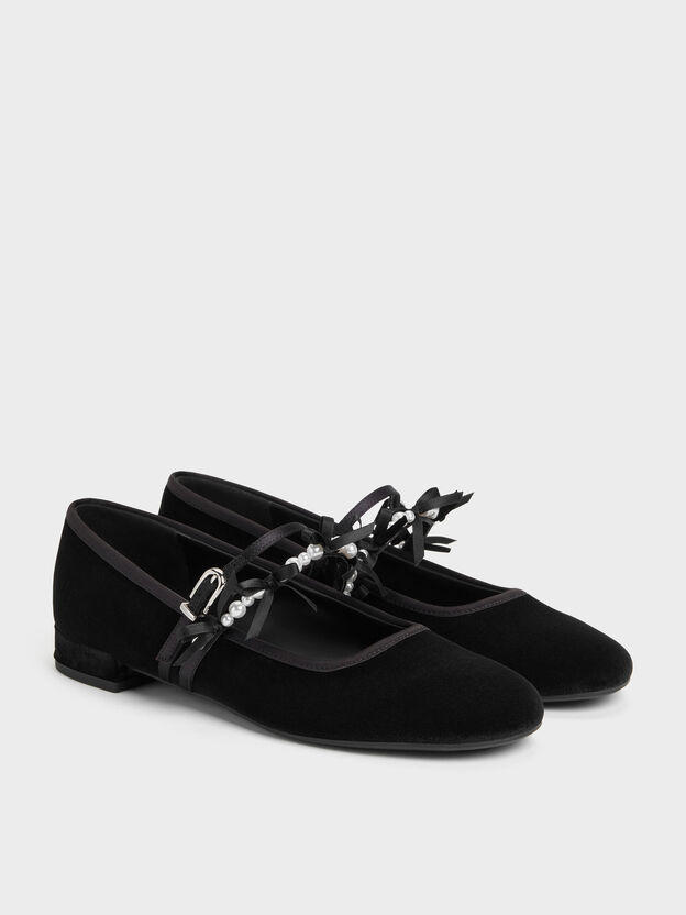 Noelie Velvet & Satin Pearl-Bow Mary Janes, Black Textured, hi-res