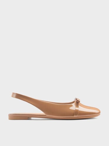 Dorian Patent Bow Slingback Flats, Caramel, hi-res