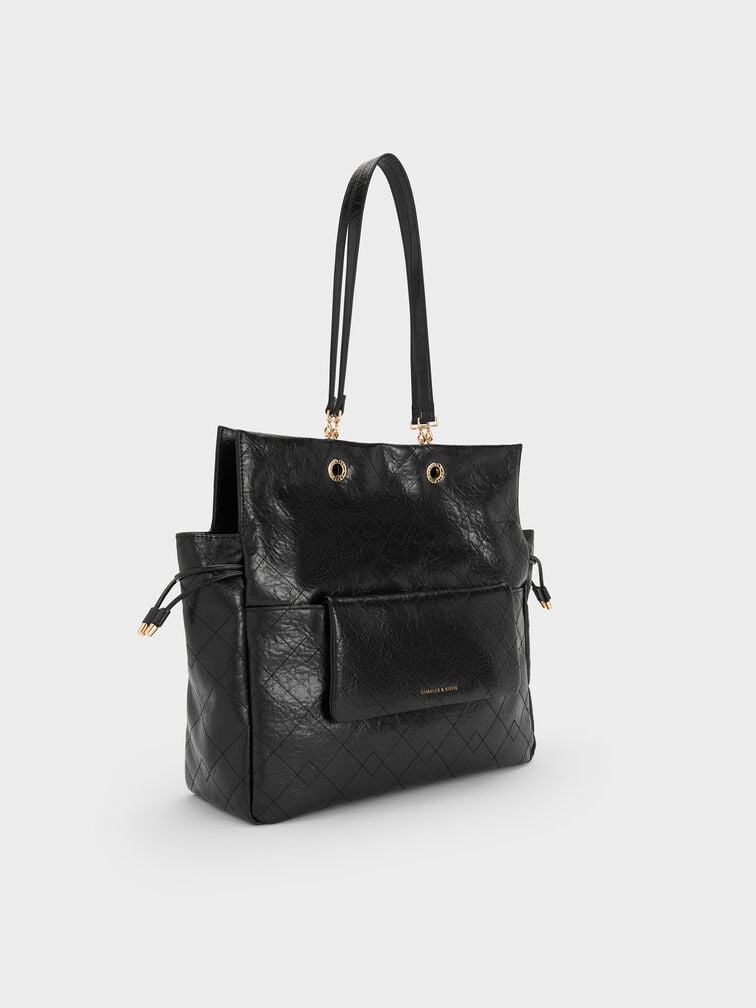 Duo Quilted Braided-Strap Drawstring Two-Way Backpack, Black, hi-res