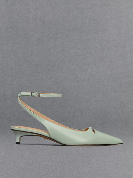 Leather Kitten-Heel Pumps, Mint Green, hi-res