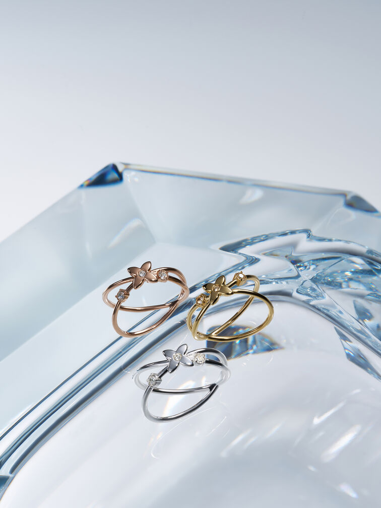 Felicity Flower-Motif Crystal Crossover Ring, Silver, hi-res