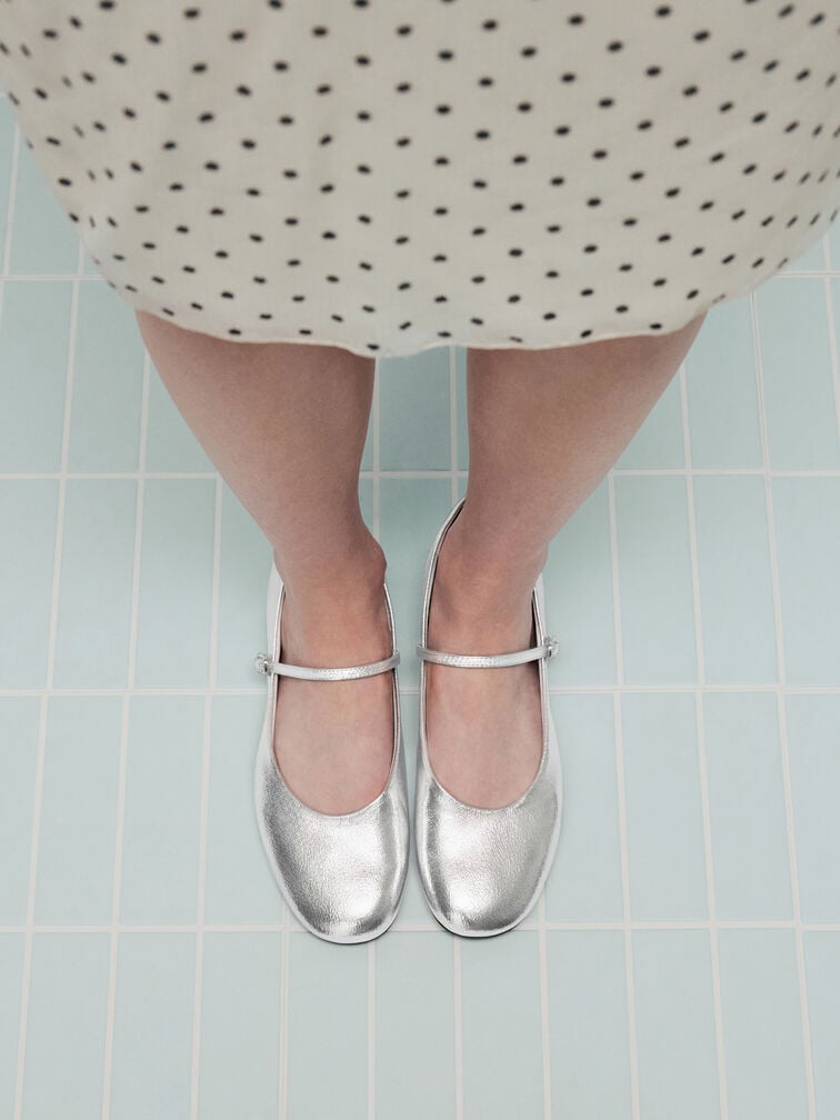 Gertrude Metallic Round-Toe Mary Janes, Silver, hi-res