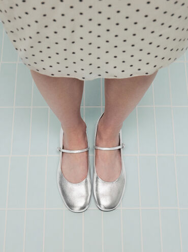 Gertrude Metallic Round-Toe Mary Janes, Silver, hi-res