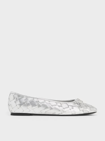 Ivette Metallic Woven Bow Ballet Flats, Silver, hi-res
