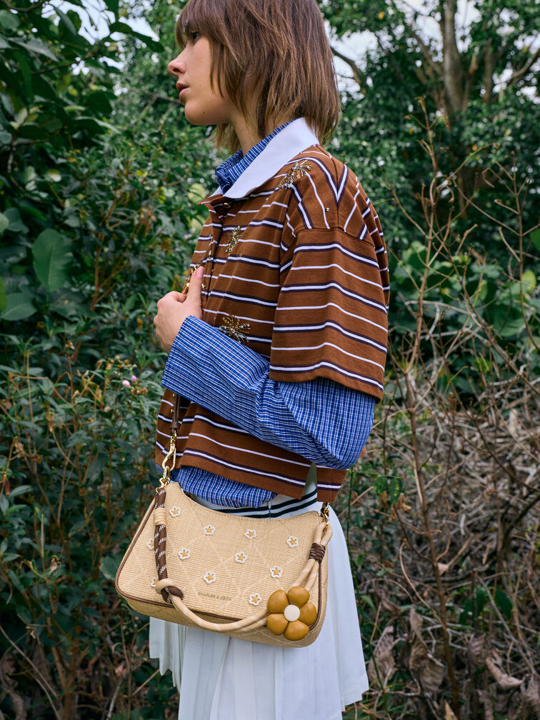 Philomena Raffia Flower Crossbody Bag, Beige, hi-res
