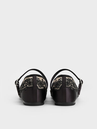 Satin Embroidered-Mesh Mary Jane Flats, Black Textured, hi-res