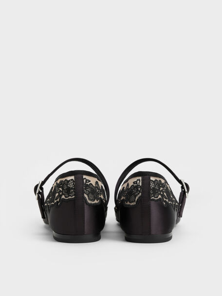 Satin Embroidered-Mesh Mary Jane Flats, Black Textured, hi-res