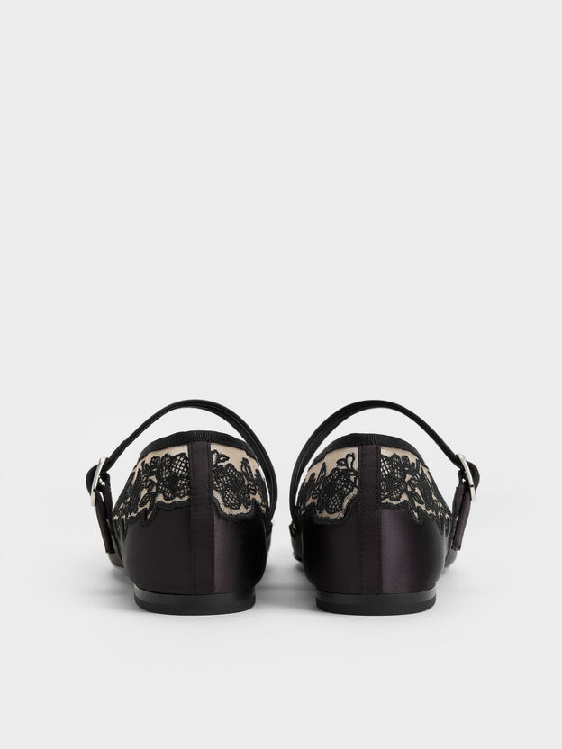 Satin Embroidered-Mesh Mary Jane Flats, Black Textured, hi-res