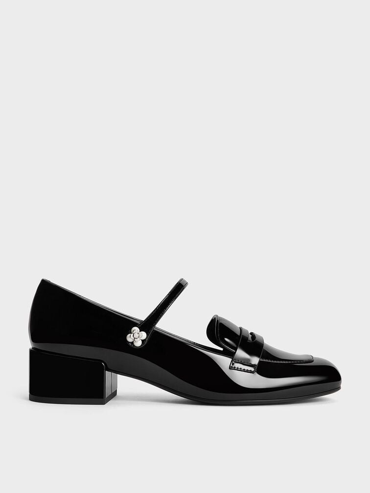 Patent Pearl-Embellished Flower-Buckle Mary Jane Loafers, Black Patent, hi-res