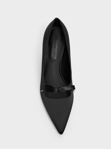 Venetia Satin Bow Pointed Pumps, Black Textured, hi-res