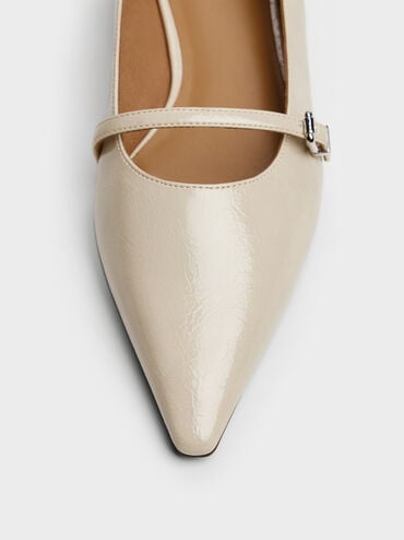 Crinkle-Effect Pointed Ballet Flats, Beige, hi-res