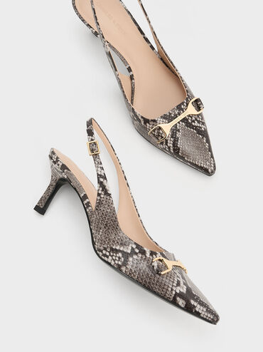 Leslie Snake-Print Metallic-Accent Slingback Pumps, Animal Print Natural, hi-res