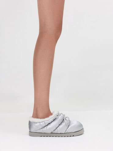 Egan Nylon Puffy Mules, Silver, hi-res