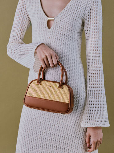 Leather & Raffia Bowling Bag, Neutral Raffia, hi-res