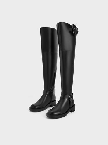 Davina Buckled Thigh-High Boots, Black, hi-res