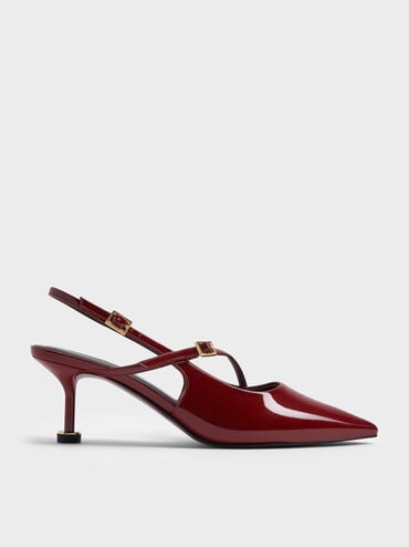 Wynn Patent Buckled Sculptural-Heel Slingback Pumps, Red, hi-res