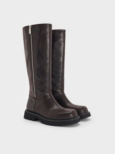 Rosamond Side-Zip Ridged-Sole Knee-High Boots, Dark Brown Textured, hi-res