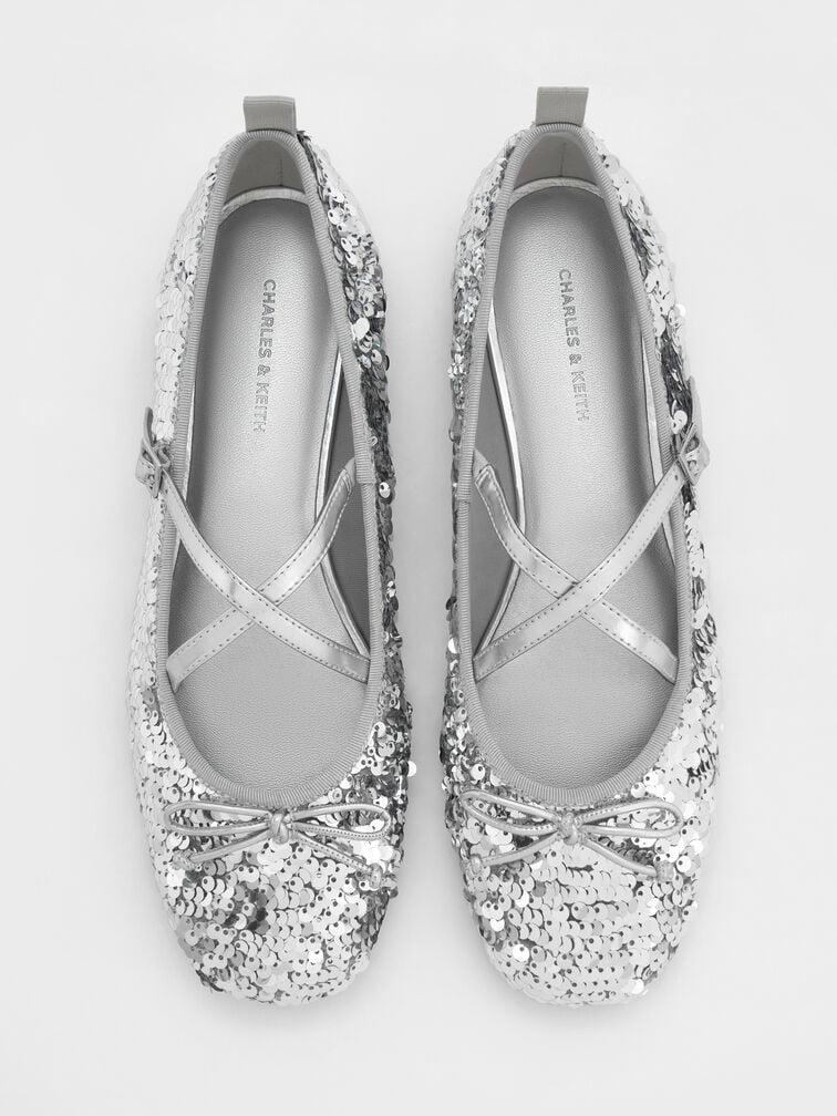 Sequinned Crossover Mary Jane Flats, Silver, hi-res