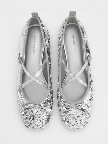 Sequinned Crossover Mary Jane Flats, Silver, hi-res
