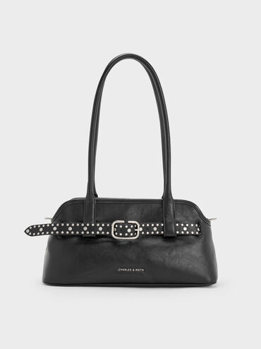 Victoria Studded Belted Elongated Shoulder Bag, Noir, hi-res