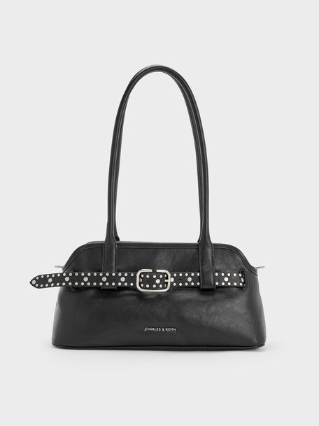 Victoria Studded Belted Shoulder Bag, Noir, hi-res