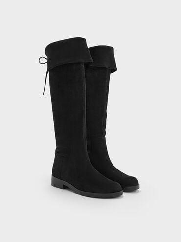 Faux Suede Fold-Over Back-Tie Thigh-High Boots, Black Textured, hi-res