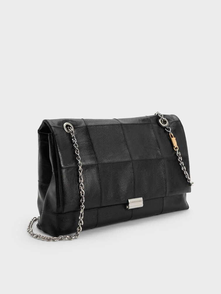 Large Delfina Quilted Chain-Strap Shoulder Bag, Black, hi-res