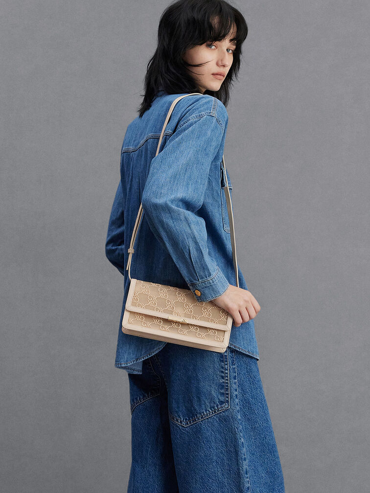 Mesh & Leather Monogram Shoulder Bag, Beige, hi-res
