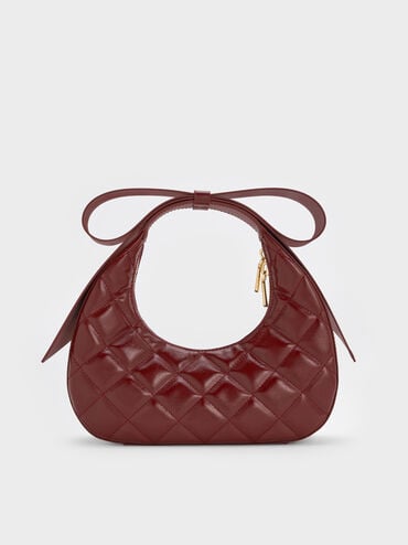 Janie Quilted Bow-Handle Crescent Bag, Burgundy, hi-res
