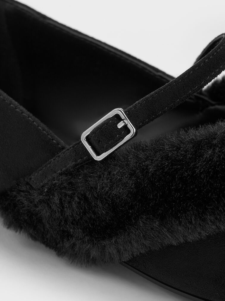 Emila Faux Suede Fur-Trim Pointed Mary Janes, Black Textured, hi-res