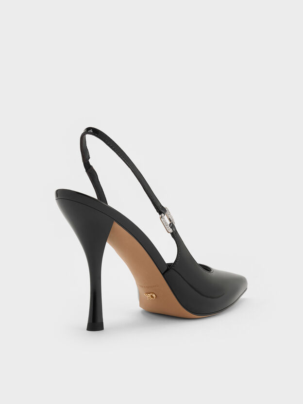 Patent Leather Crystal-Buckle Slingback Pumps, Black Patent, hi-res