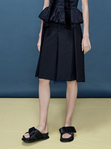 Satin Bow Flatform Sandals, Black Textured, hi-res