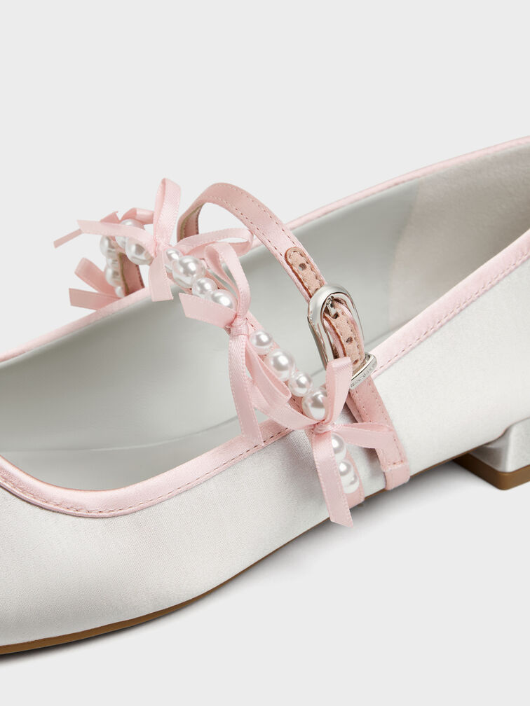 Noelie Satin Pearl-Bow Mary Janes, Silver, hi-res