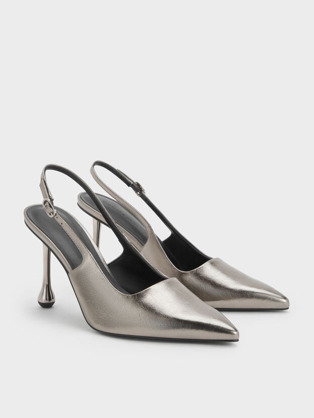 Metallic Sculptural-Heel Pointed Pumps, Pewter, hi-res