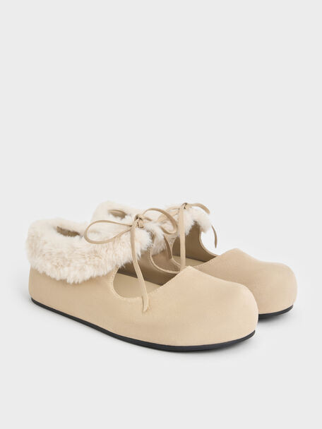 Emila Faux Suede Fur-Trim Mary Jane Flats, Chalk, hi-res