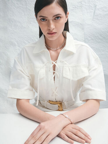 Felicity Flower-Motif Crystal Bangle, Silver, hi-res