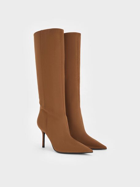 Faux Suede Pointed Stiletto Knee-High Boots, Cognac, hi-res