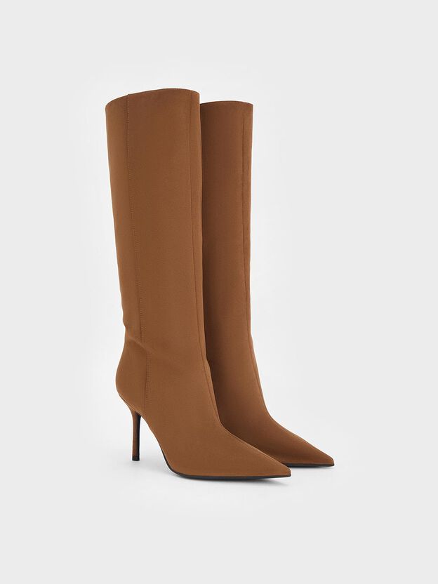 Faux Suede Pointed Stiletto Knee-High Boots, Cognac, hi-res