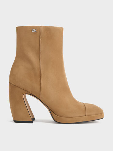 Jyll Suede Sculptural-Heel Ankle Boots, Caramel, hi-res