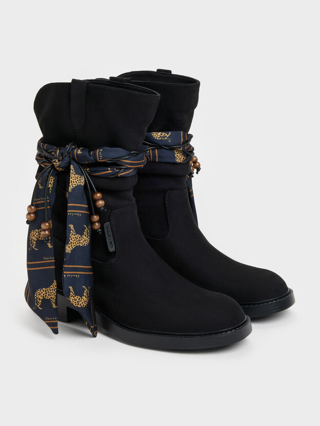 Faux Suede Printed-Scarf Calf Boots, Black Textured, hi-res